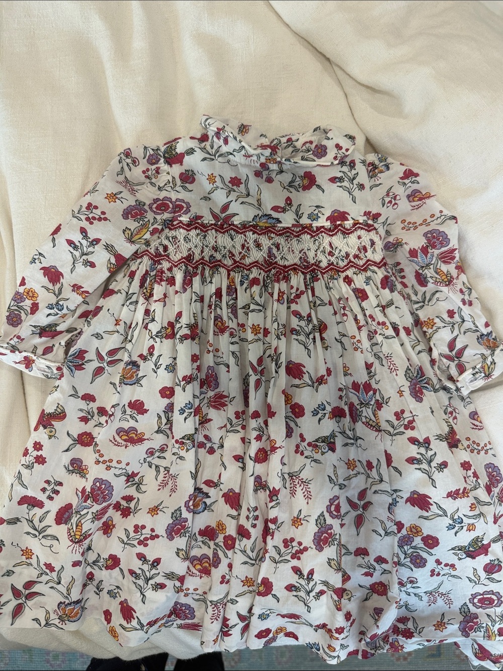 White Floral Smocked Girls' Dress with Pink & Red Accents